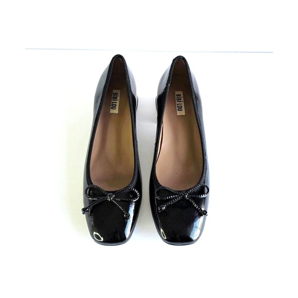 Anthropologie BIBI LOU Black Patent Leather Heeled Ballet Pumps Sz 39 Bow - Picture 4 of 14